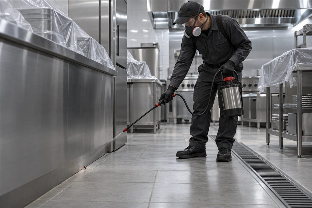 Técnico realiza un tratamiento dirigido contra plagas en una cocina comercial limpia